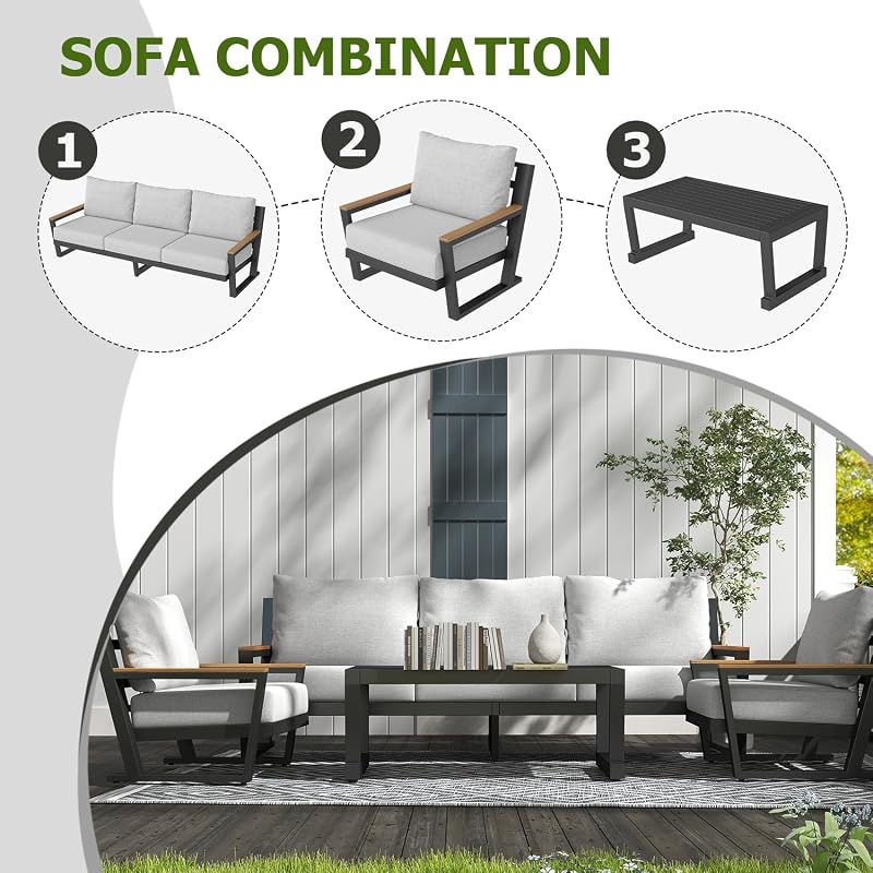 Aluminum Outdoor Patio Furniture Set with Coffee Table,4 Piece Patio Conversation Sets with Washable Thick Cushions, Outdoor Sectional Furniture Set for Porch, Balcony, Deck, Yard, Grayish White image 5