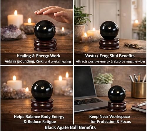 Miniatura 5 de Ágata negra azabache de 1.772-1.969 in, esfera de bola, piedra preciosa tallada a mano, cristal tallado a mano, curación, enfoque devocional,