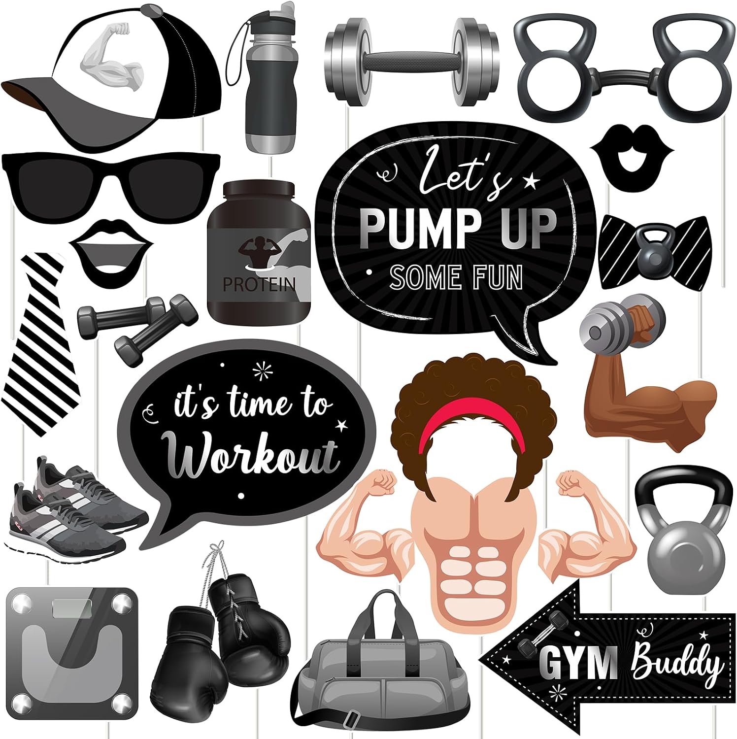24pcs Gym Photo Booth Props for Boys Girls, Black Work Out Birthday Baby Shower Decorations, Fitness Weightlifting Sports Theme Party Supplies for Men Women