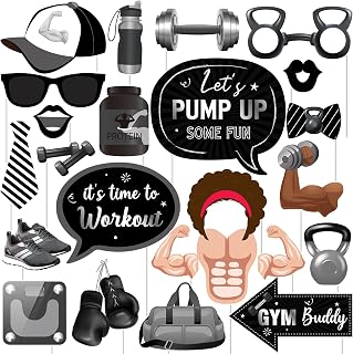 24pcs Gym Photo Booth Props for Boys Girls, Black Work Out Birthday Baby Shower Decorations, Fitness Weightlifting Sports Theme Party Supplies for Men Women