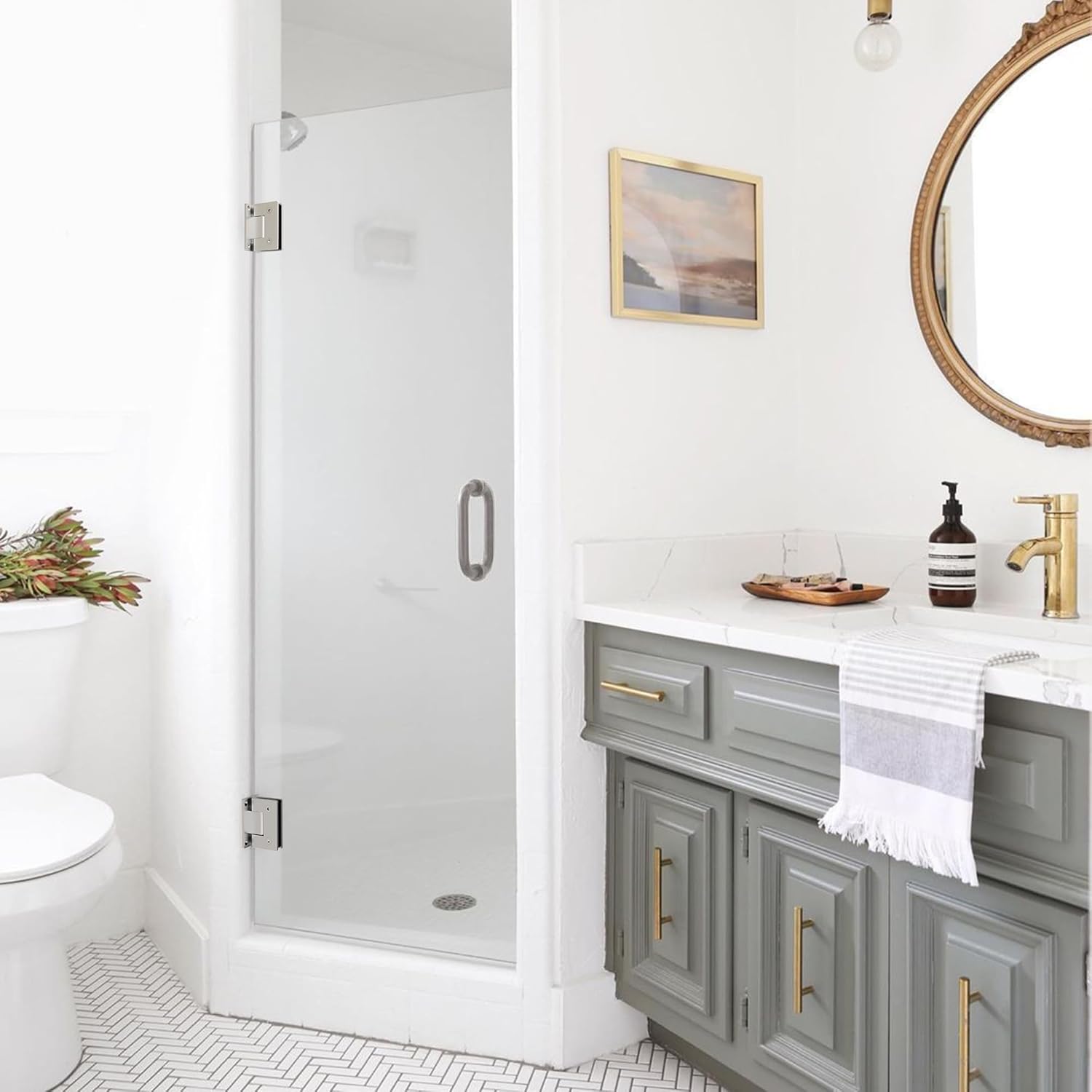 90 Degree Shower Door Hinges, Heavy Duty Stainless Steel Frameless Glass Door Hinges for 1/4" to 1/2" Thick Glass - Brushed Nickel Wall/Cabinet Mount Hardware Replacement Parts (2 Pack)