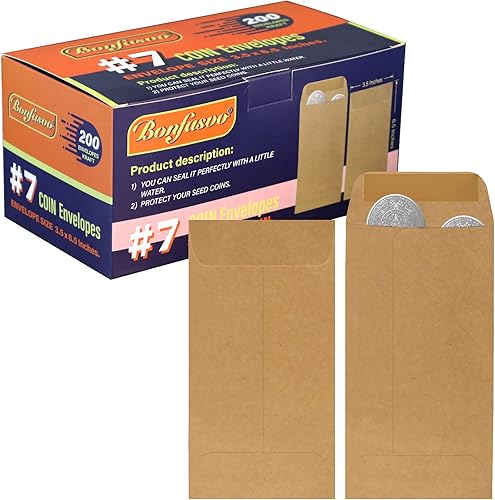 Bonfasvo Paquete de 200 sobres de papel kraft marrón 7 de 35 x 65 pulgadas sobres clásicos de piezas pequeñas con solapa autoadhesiva para monedas