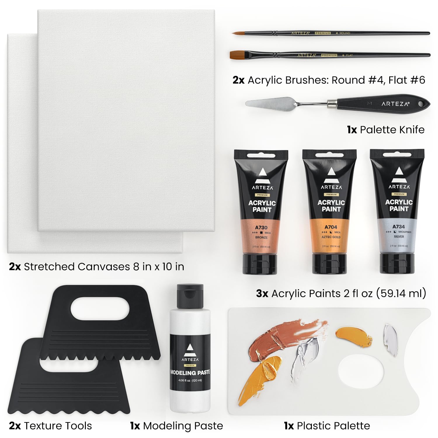 ARTEZA Set di colori acrilici per texture, set per pittura con colori acrilici metallici (oro, argento, bronzo), tele allungate 8 x 10, pasta modellante e strumenti per texture in silicone, set di