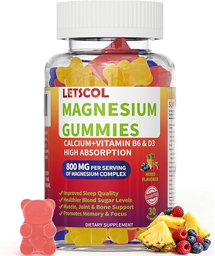 Gomitas de glicinato de magnesio 800 mg por porción, suplemento de magnesio sin azúcar con malato de magnesio, calcio, vitamina D3, B6, CoQ10 para