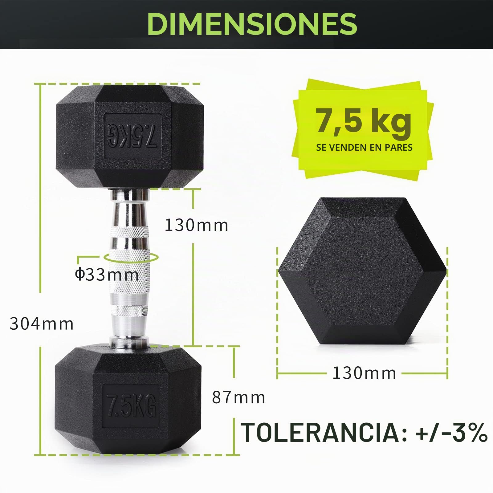 PhysKcal Mancuernas hexagonales de Goma de Polietileno inodoras, 2,5 kg ~ 30 kg, par o un Solo Gimnasio en casa