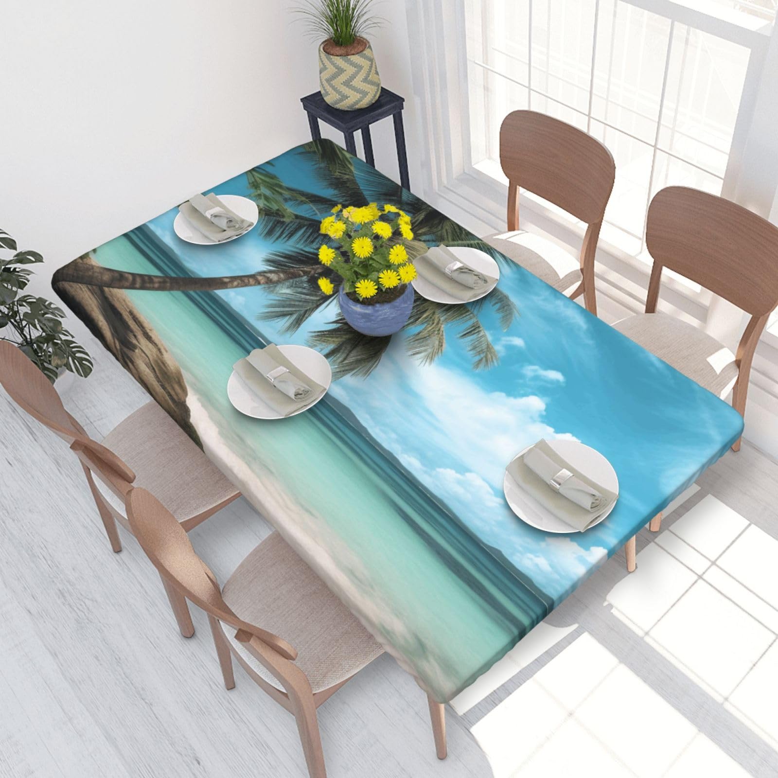 DCARSETCV beach palm tree Printed 4FT Waterproof Tablecloth with Elastic Edged Protect & Decor Your Table, Oil-proof Washable Table Cloth Cover for Dinner Picnic Party
