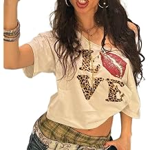 Off Shoulder Tops for Women Letter Print Graphic Tees Vintage Y2k 90s Outfits Streetwear Y2k Cute Shirts Summer