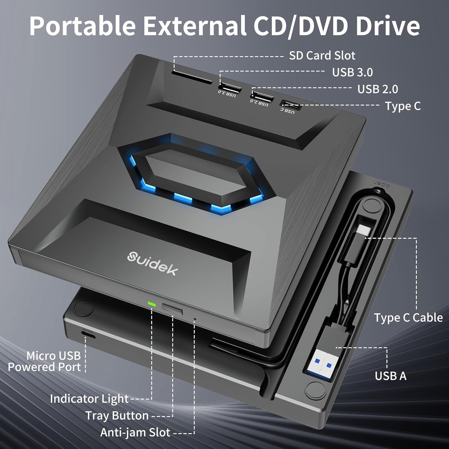 SUIDEK External CD DVD Drive for Laptop, USB C Portable CD/DVD +/-RW Burner DVD Player with SD Card Reader USB 3.0 Type C Hub Compatible with Laptop PC Windows Linux