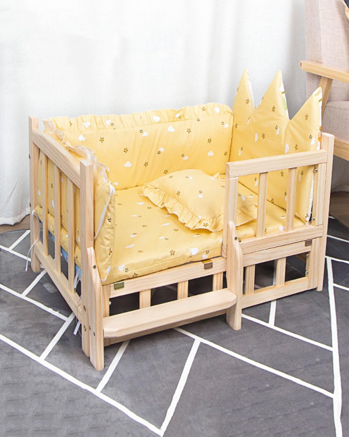 Solid Wood Frame Elevated Dog Bed Removable, Easy Assembly Pet Shelter with Rails & Stairs, Four Seasons Universal Pet House for Cat/Dog (Color : 4-with Bedding, Size : L-90 * 55 * 42cm) (