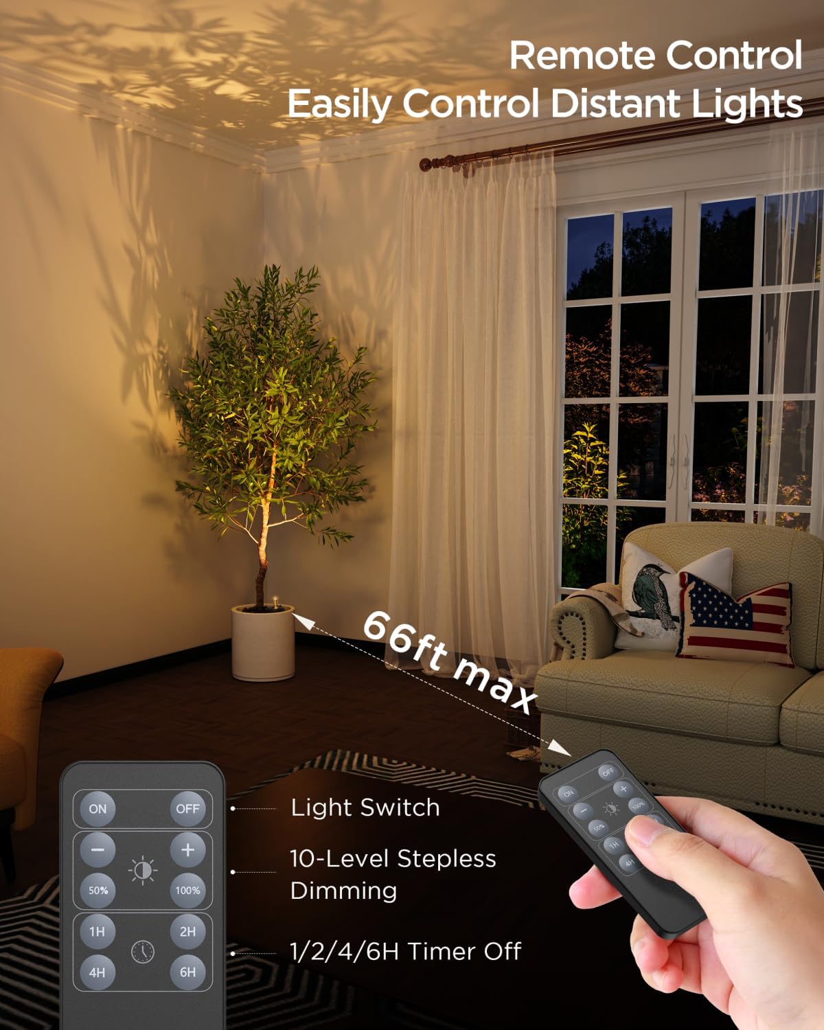 User operating the Zetunlo spotlight with a remote control from a distance, highlighting its 66-foot range.