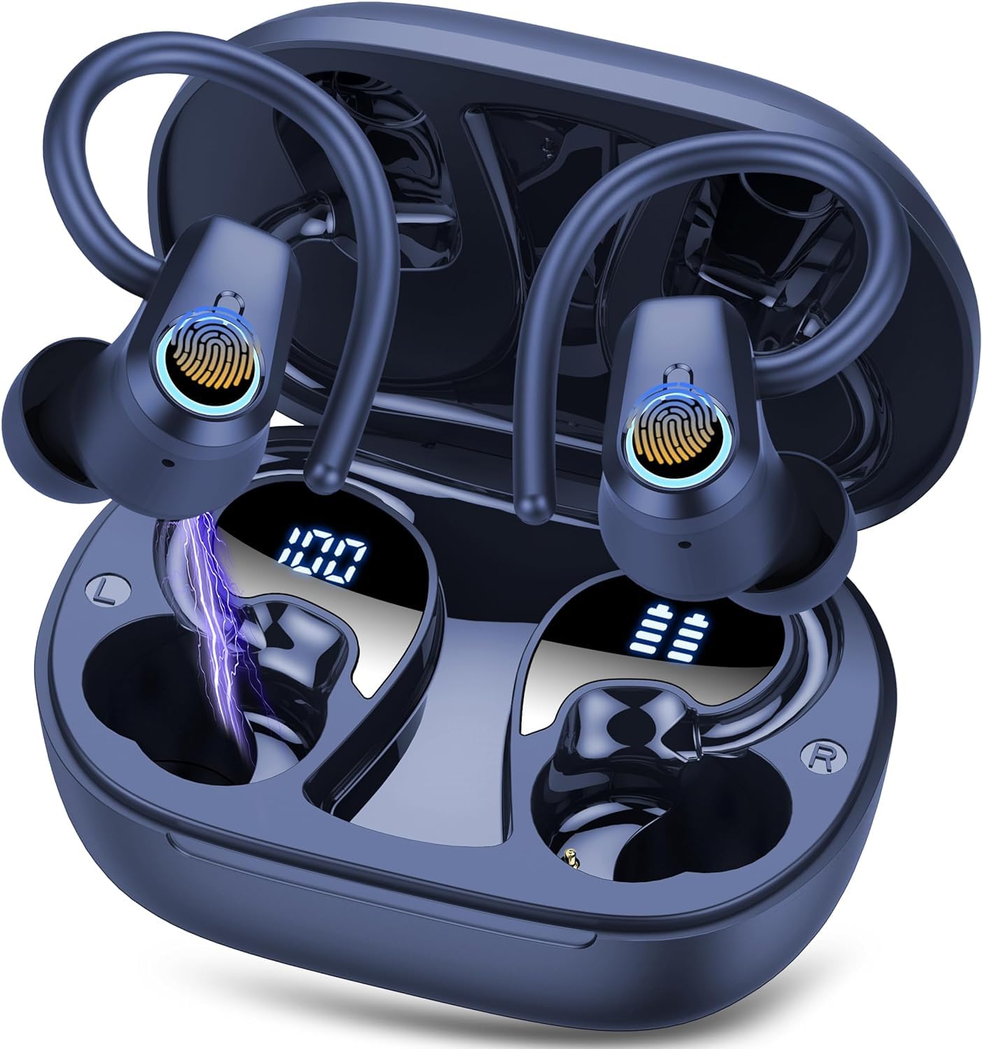 Kabellose Bluetooth Kopfhörer Sport, 50Std HiFi Stereo In Ear Ohrhörer | ENC Noise Cancelling Mics Headphones, LED Anzeige,USB-C, IP7 Wasserdicht Earbuds für Joggen Gym, Android iOS, Blau