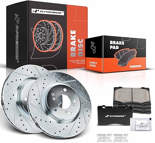 A-Premium Juego de 6 piezas de rotores de freno de disco perforados y ranurados delanteros de 12.6 pulgadas (12.598 in) + pastillas de cerámica