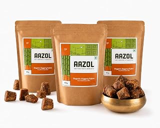 Aazol Organic Jaggery Cubes: Pure Shrirampuri Gur - 1.95kg (650g - Pack of 3) | Natural & Organic | Made with Pure Desi Cow Ghee | Best Texture | Long Shelf Life