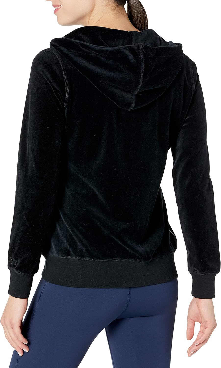 Hareupeun view of the Starter Women's Velour Track Jacket with Hood