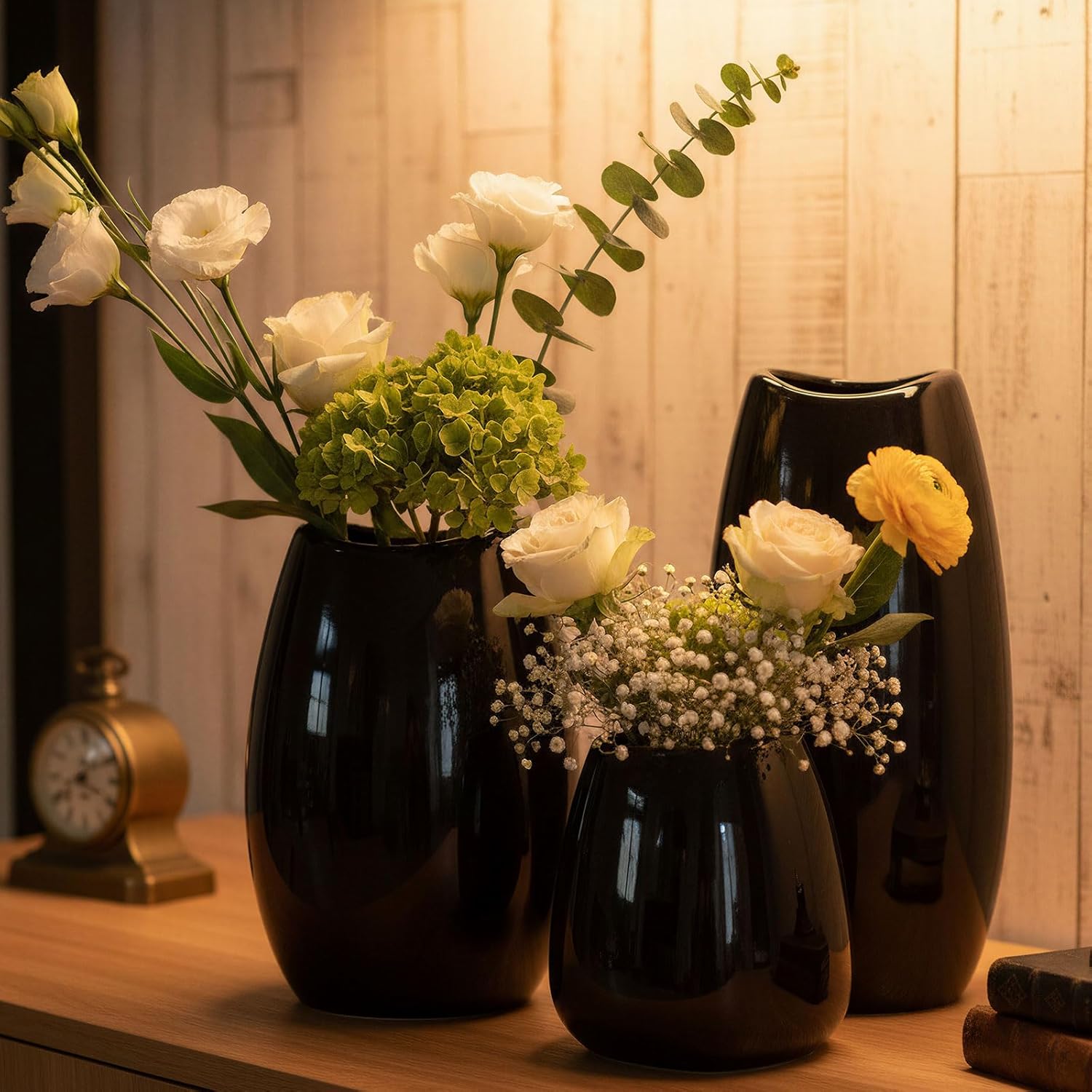 hjn Ceramic Vase Set of 3 Black Flower Vase for Home Decor, Modern Decorative Vase for Flowers/Ideal Shelf Decor/Table/Living Room/Kitchen/Office-Black