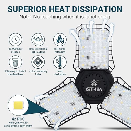 Miniatura 3 de GT-Lite Luz LED de garaje de 3000 lúmenes, equivalente a 300 vatios, bombilla ajustable de 3 paneles, equivalente a 150 W, luz diurna de 5000 K, E26