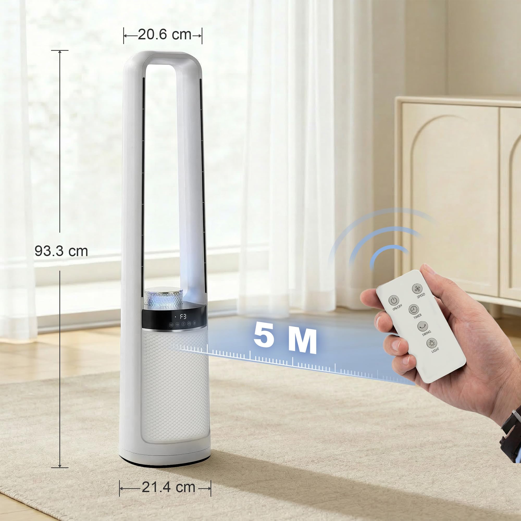 HOMCOM Ventilatore a Torre Senza Pale per Camera da Letto, 3 Velocità, Silenzioso 36dB, con Oscillazione a 45°, Luci LED, Timer 12H, Telecomando, 94 cm, Bianco