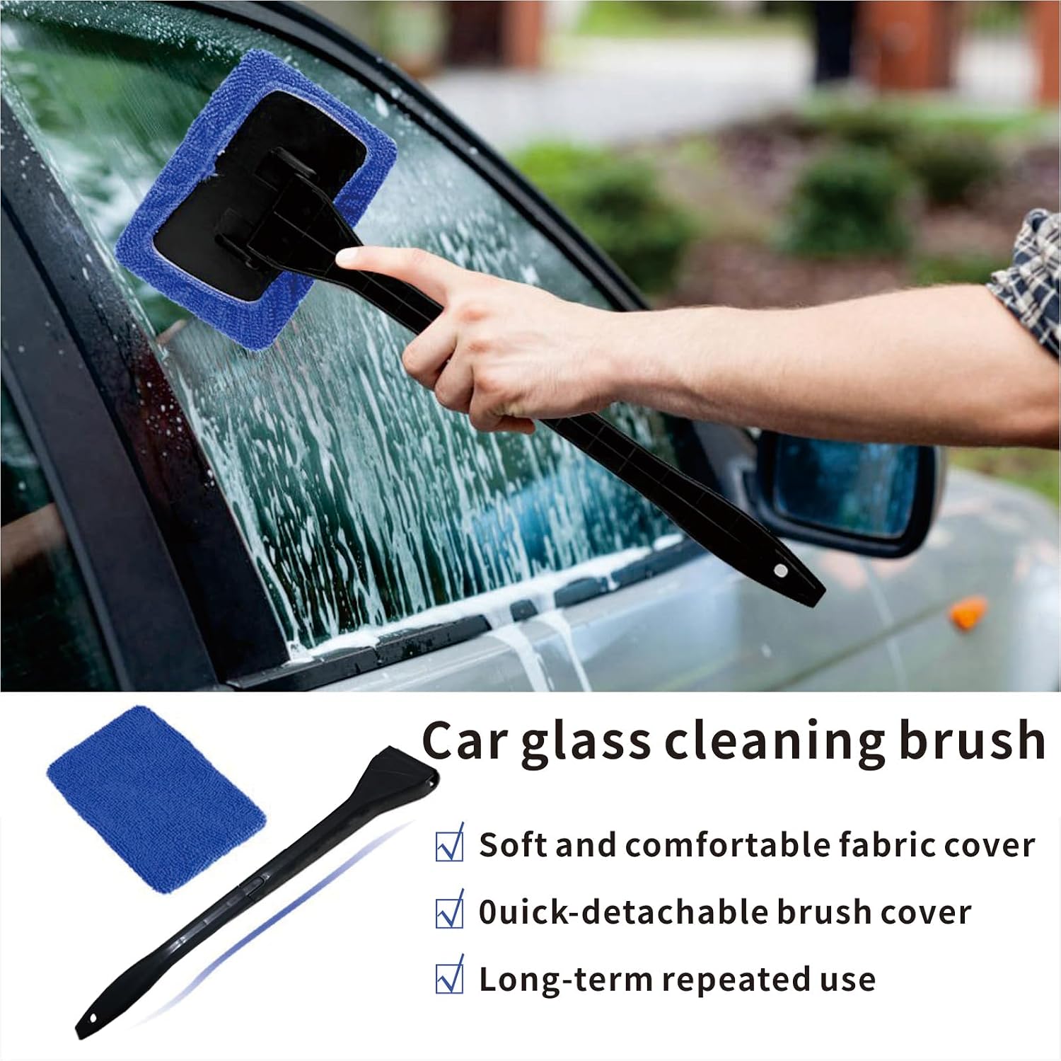 10pcs Car Windshield Cleaning Tool, Windshield Cleaner with 5 Washable and Reusable Microfiber Pads and Extendable Handle, for Auto Glass Wiper (Bule（10pcs）)
