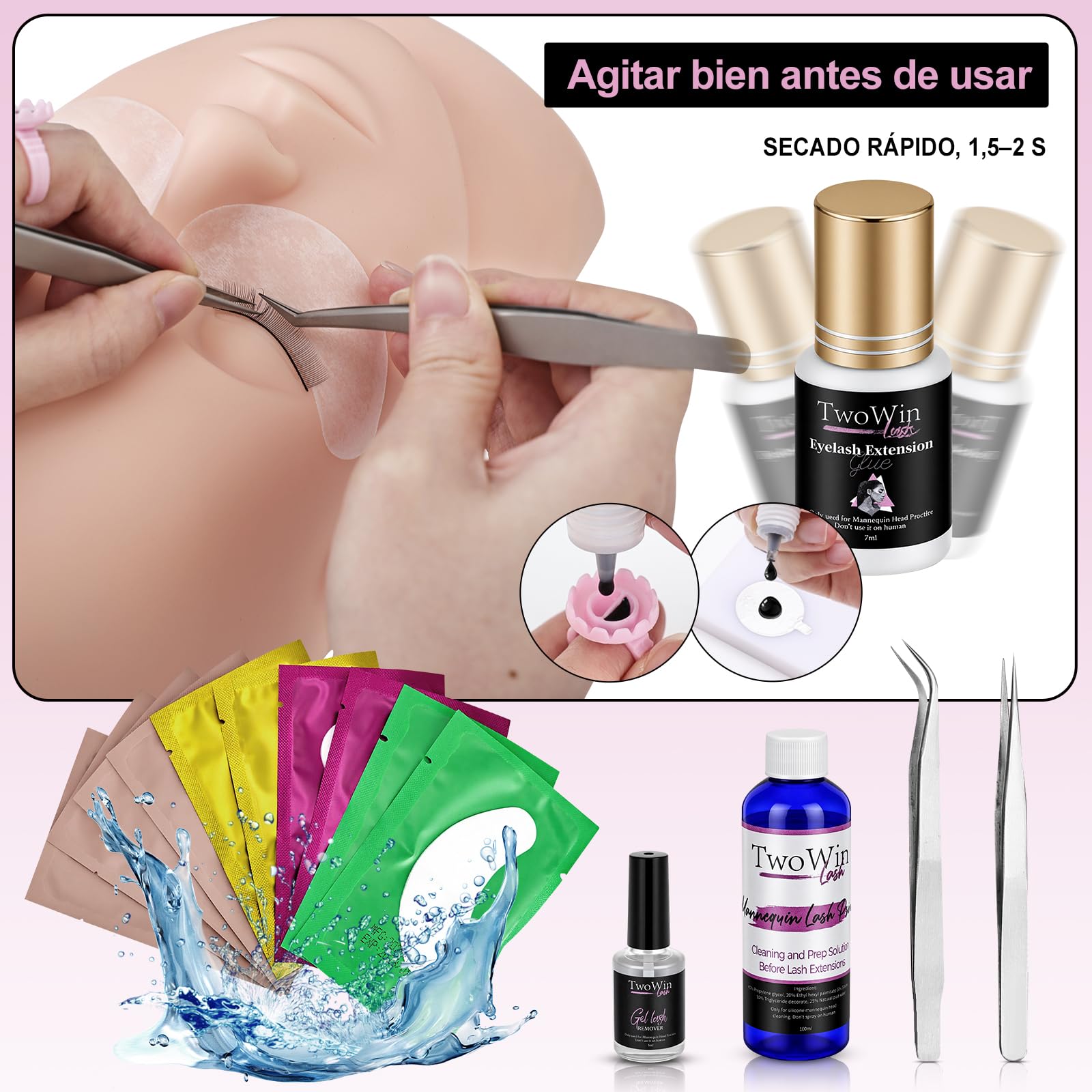 Kit Extensión de Pestañas Profesional Completo - Incluye Maniquí de Práctica Realista, Ventilador USB, Pinzas, Pegamento- Set Ideal para Principiantes y Técnicos de Pestañas