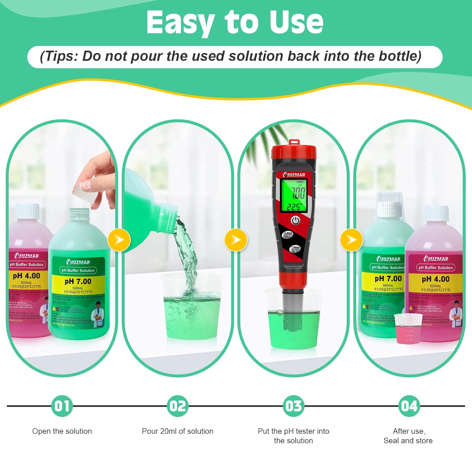 500ml Tester pH 7.00/4.00 Buffer Solution Each and Digital pH Meter