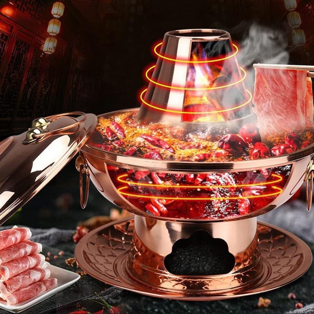 Fondue Pots Copper Hot Pot Thick Handmade Charcoal Copper Pot Hot Pot Old-Fashioned Household Hot Pot (Brass 32cm)