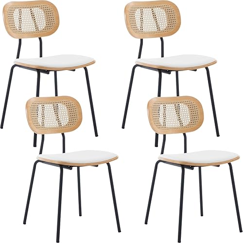 Miniatura 9 de Juego de 4 sillas de comedor Mid-Century de piel sintética con respaldo de ratán, patas de madera, diseño sin brazos para comedor, sala de estar,