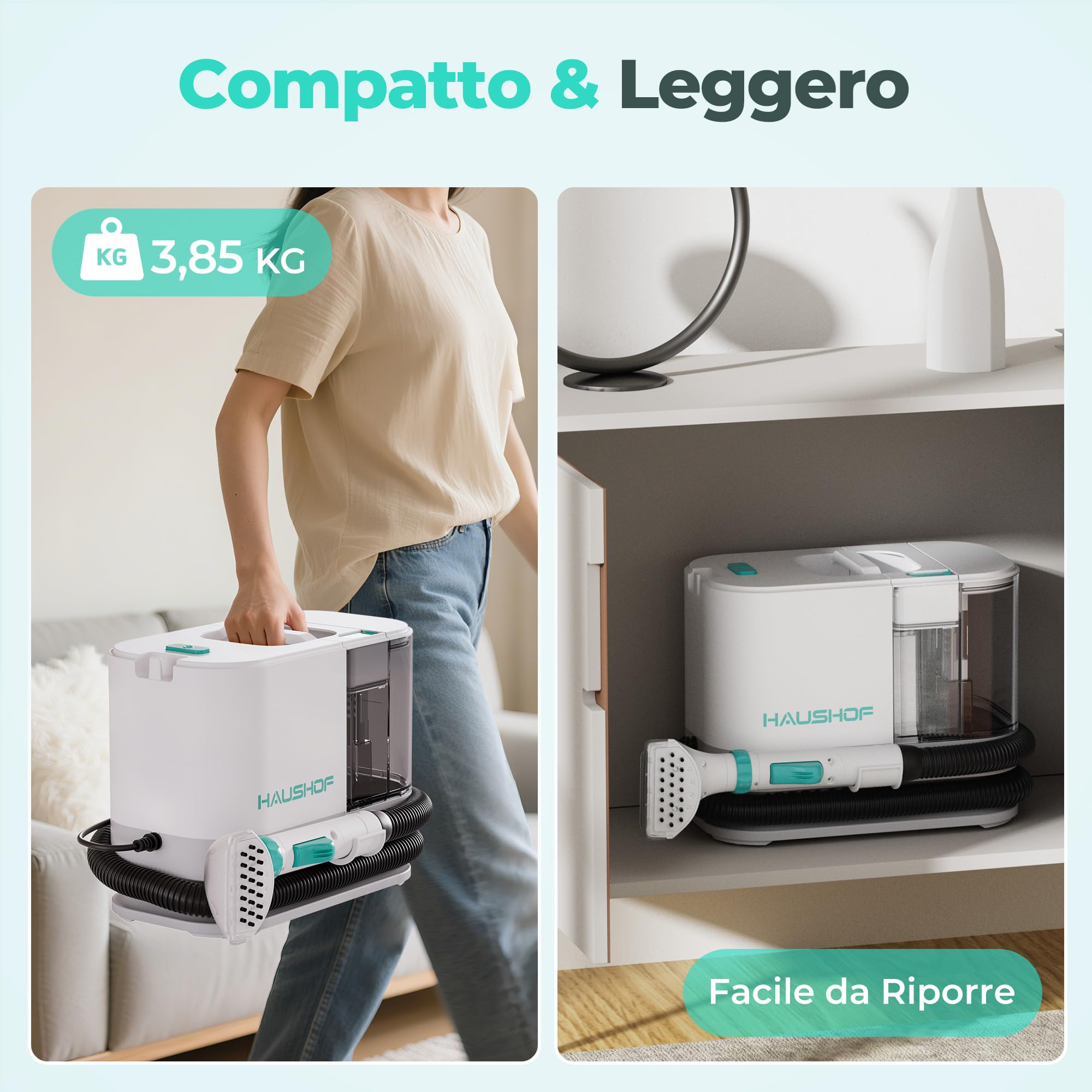 HAUSHOF Lavatappeti Portatile per Tappeti e Divani, Pulitore Portatile con 13 kPa di Potenza Aspirante, Ideale per Rimuovere Macchie da Tappeti, Divani, Auto e letti per Animal