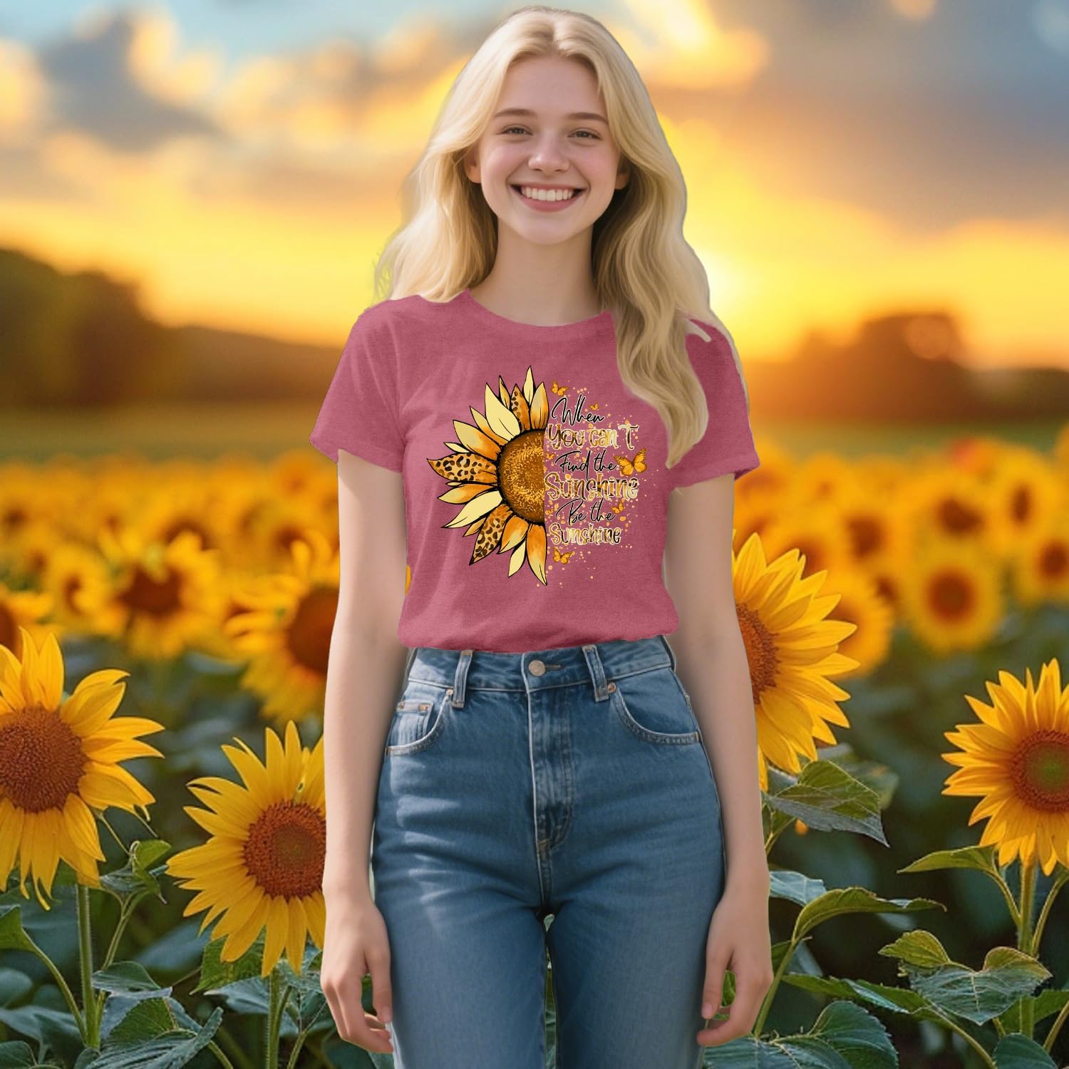 Womens Sunflower Shirts When You Cant Find The Sunshine Be The Sunshine T-Shirt Inspirational Tee Tops - Image 2