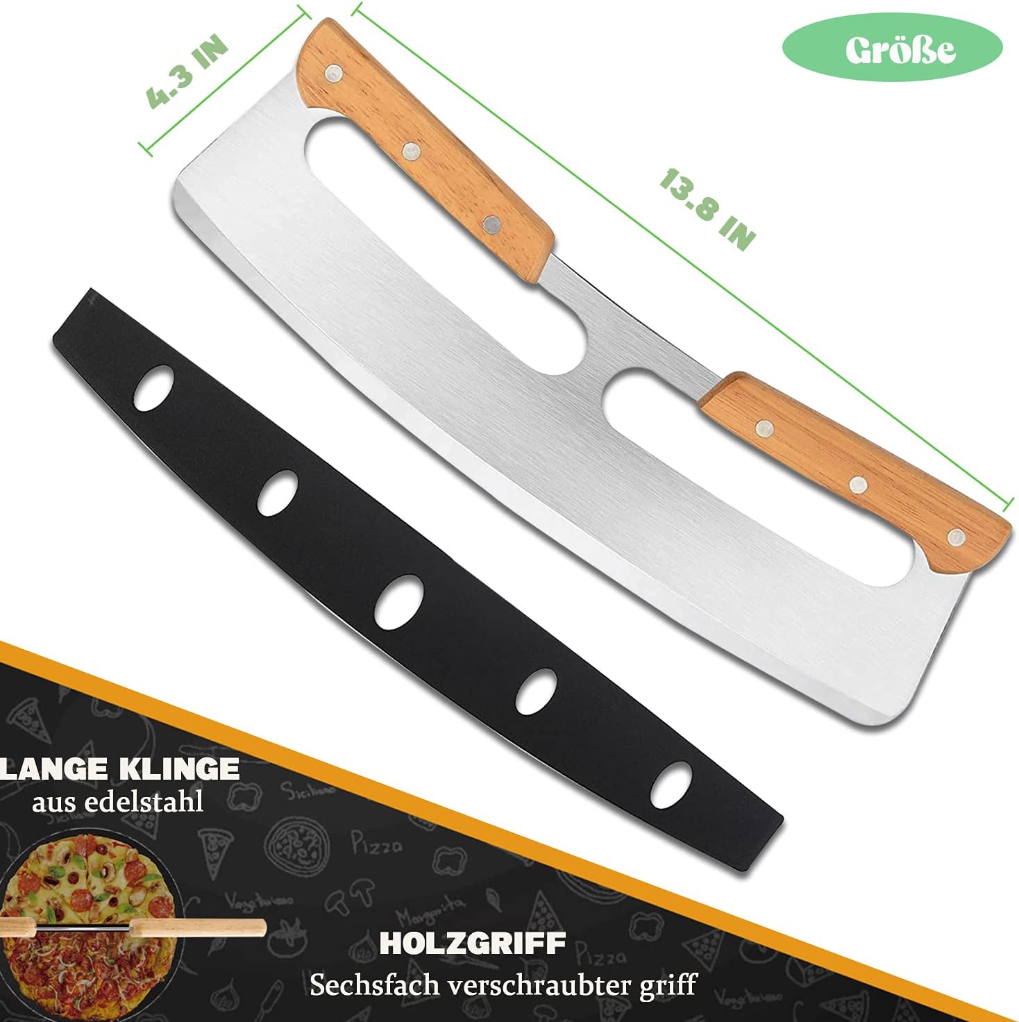 Pizza Cutter, Professional Pizza Knife - Pizza Cutter with Blade Protector - Wooden Handle Pizza Cutter for Pizza, Herbs, Vegetables, Fruits, Pasta