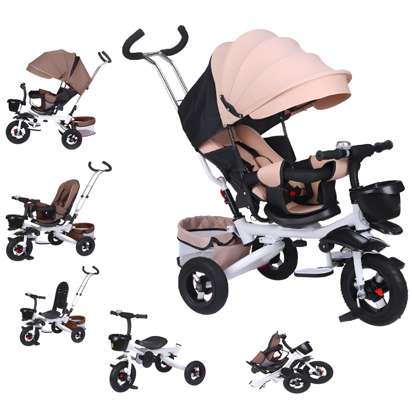 Kids Tricycle,5-in-1 Tricycle Stroller for Toddlers 18 Months to 5 Years,Adjustable Push Handle, Rotatable Seat, Retractable Canopy,Detachable Guardrail,Folding Baby Trike,Khaki