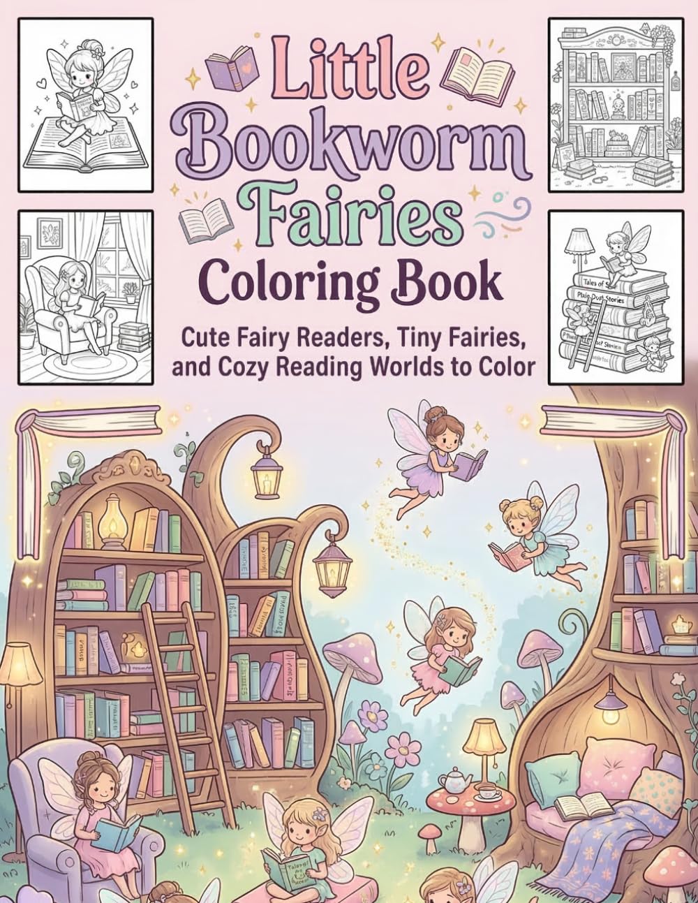Little Bookworm Fairies Coloring Book: Cute Fairy Readers,Tiny Fairies, and Cozy Reading Worlds to Color
