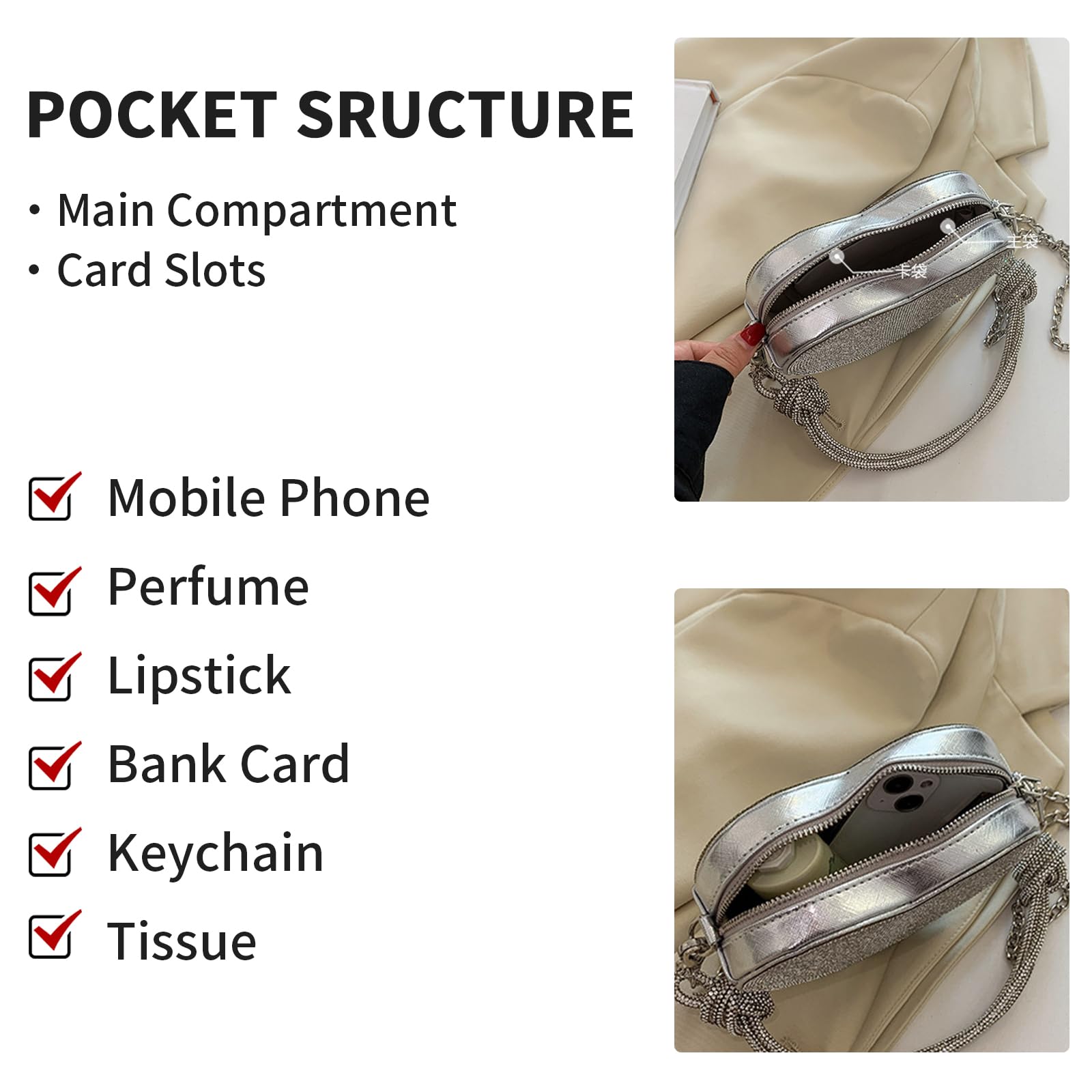 CALLPIONEER Evening Bag for Women, Silver Purse Heart Shaped Purse Crossbody Bags Shoulder Handbag for Formal