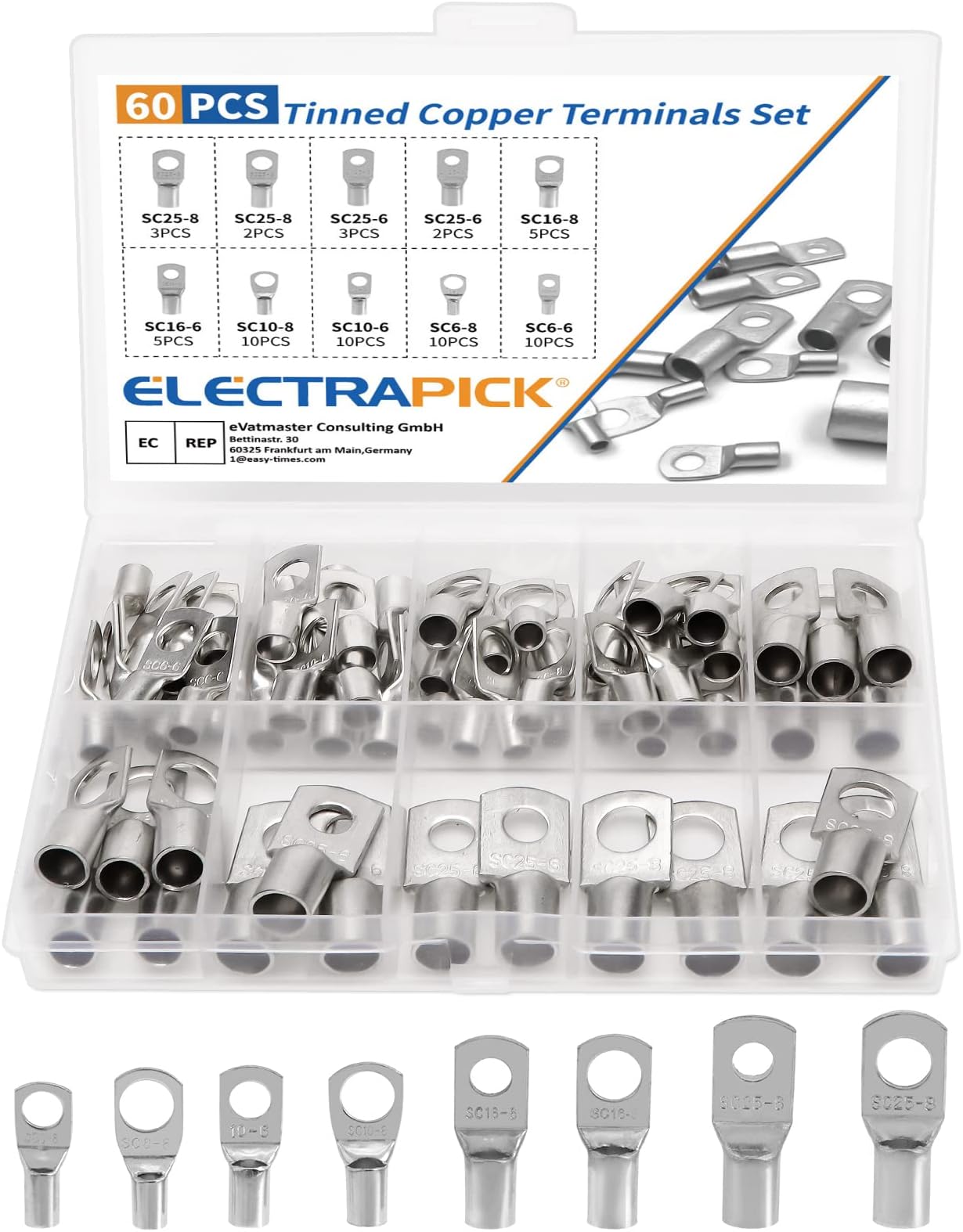 electrapick 60PCS Bolt Hole Tinned Copper Terminals Set-Wire terminals Connector Cable lugs Ring Battery SC Terminals Set Marine Grade Cold-Pressed Crimp Type (Silver, 60 Pcs)