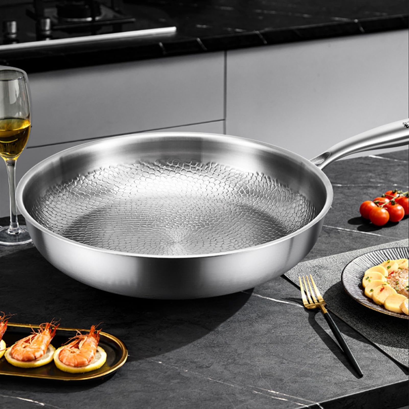 Sartén De Titanio Con Tapa Para Inducción - 26 Cm Martillada Sartén Antiadherente De Titanio, Titanium Hammered Pan, Para Cocina De Restaurante Familiar,