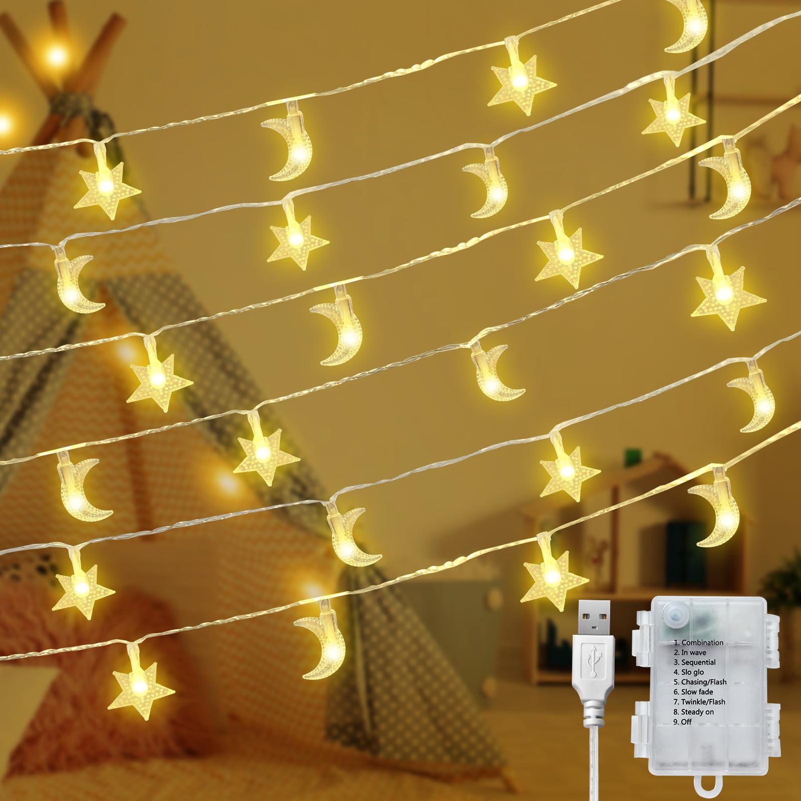 Jsdoin Star Moon Christmas Light 32 ft/10M 80LED Curtain Light, with 8-Mode Control Waterproof Battery Box/USB Cable 1.5M Power Supply, Wedding, Decoration Light，Ramadan Lights Decorations