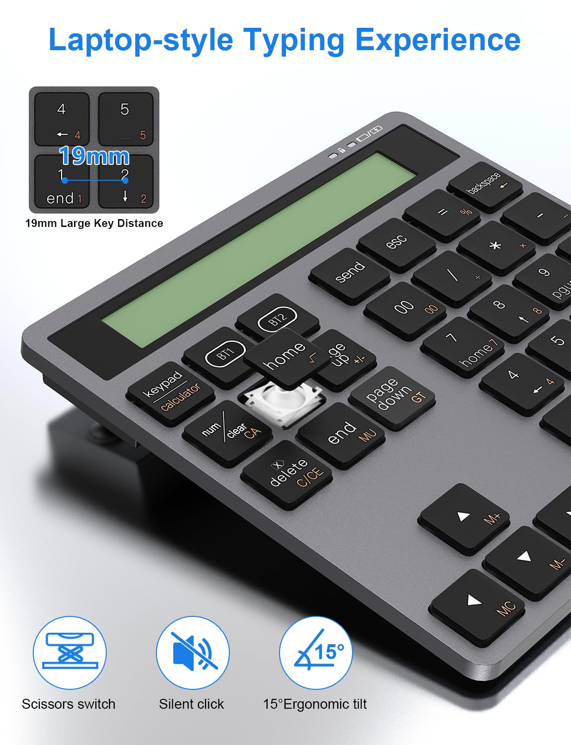 Tastierino Numerico Wireless Bluetooth con Calcolatrice - Tastierino numerico sottile ricaricabile a 34 tasti, inserimento dati + calcolo per MacBook, Pad, Computer Portatile, Cablato e wireless 2in1