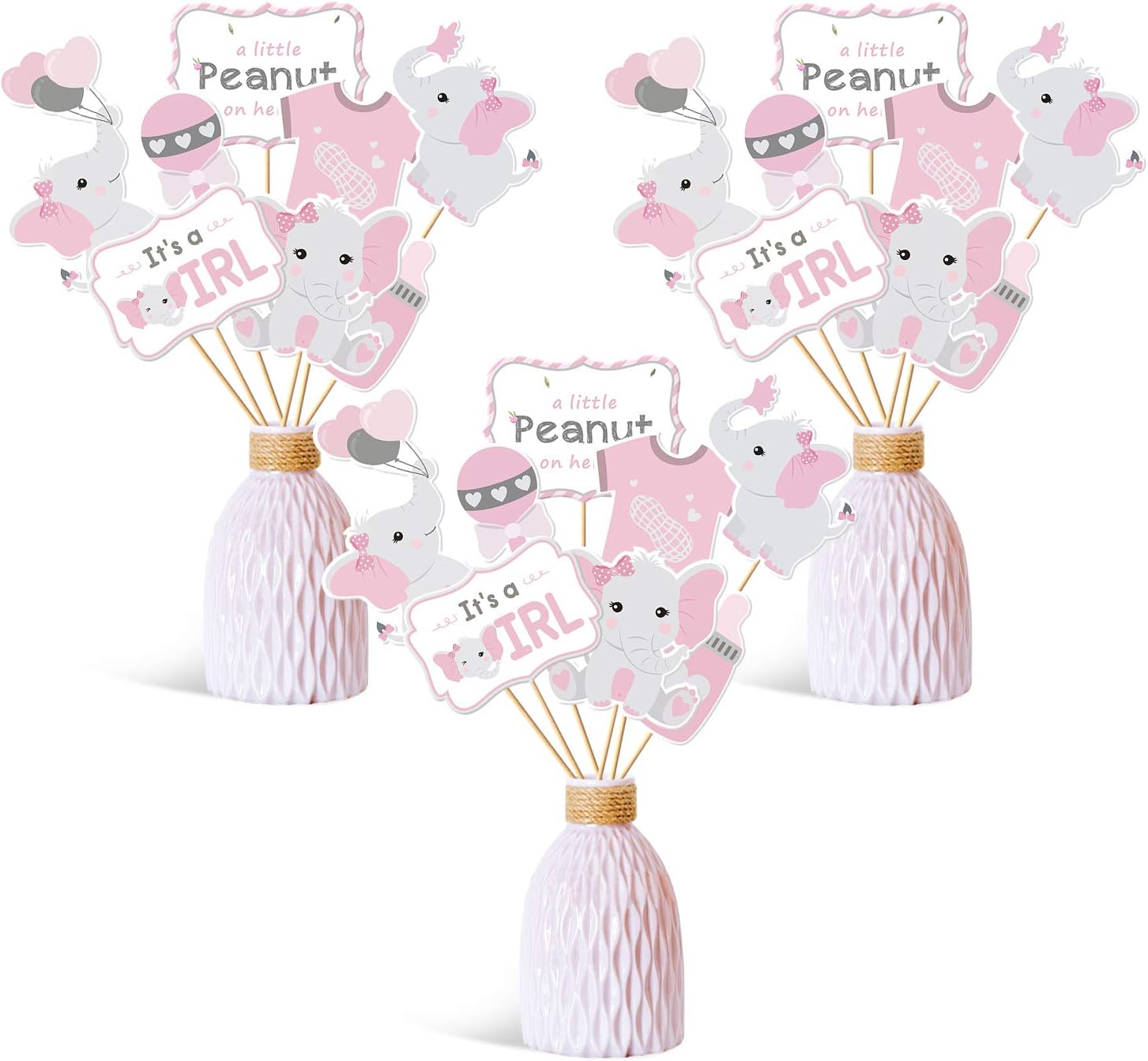 Faisichocalato Pink Elephant Centerpiece Sticks DIY Baby Girl It's A Girl Table Decorations Pink Little Peanut Cutouts for Pink Elephant Theme Baby Shower Birthday Party Supplies Set of 24
