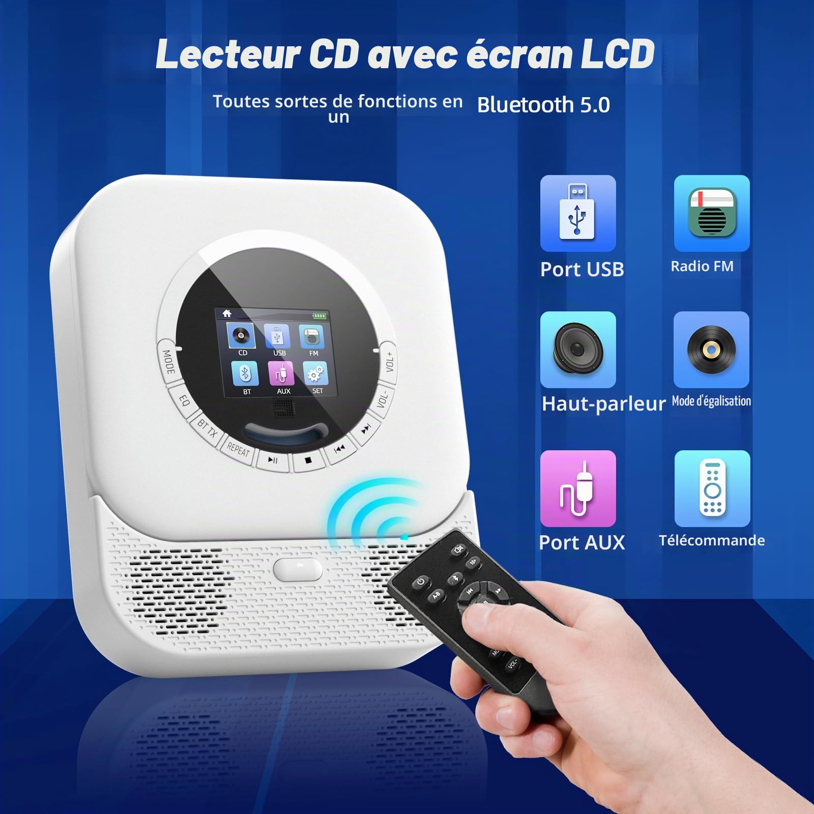 Lecteur CD Portable avec Récepteur et Émetteur Bluetooth, Haut-parleurs HiFi, Écran LED Intégré, Radio FM (White)