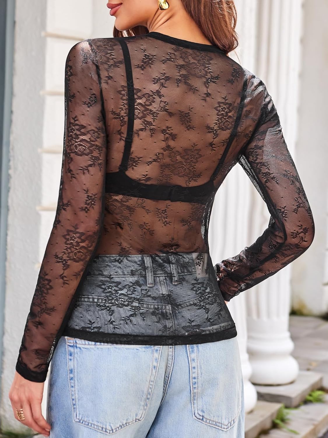 BAISHENGGT Womens Sexy Mesh Sheer Going Out Tops Crewneck Long Sleeve Stretchy Slim Fitted See Through T-Shirts - Image 5