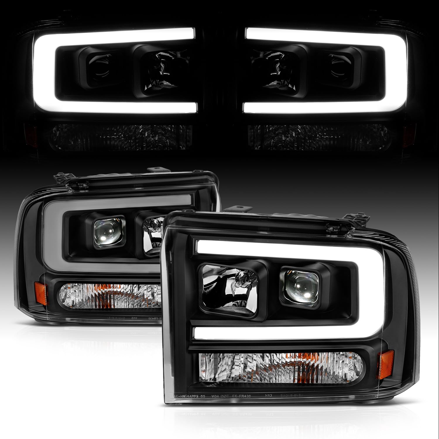 AmeriLite for 2005-2007 Ford F250 F350 F450 Superduty | 05 Excursion C-Type LED Tube Square Projector Black Headlight Pair - Passenger and Driver Side