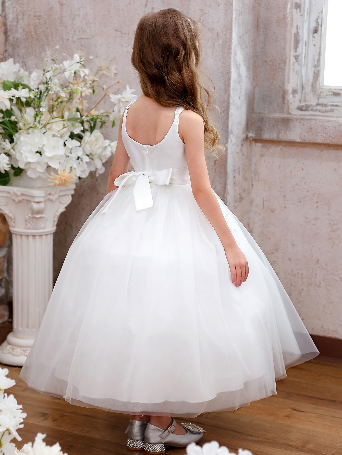 Blumenmädchen Kleid Kinder Mädchen Träger Blumen Bestickt Spitzen Strapskleid Ärmellos Hochzeit Geburtstag Partykleid Prinzessin Maxikleid Elegant Weich Kinderkleid Für Performance(6,Weiß)