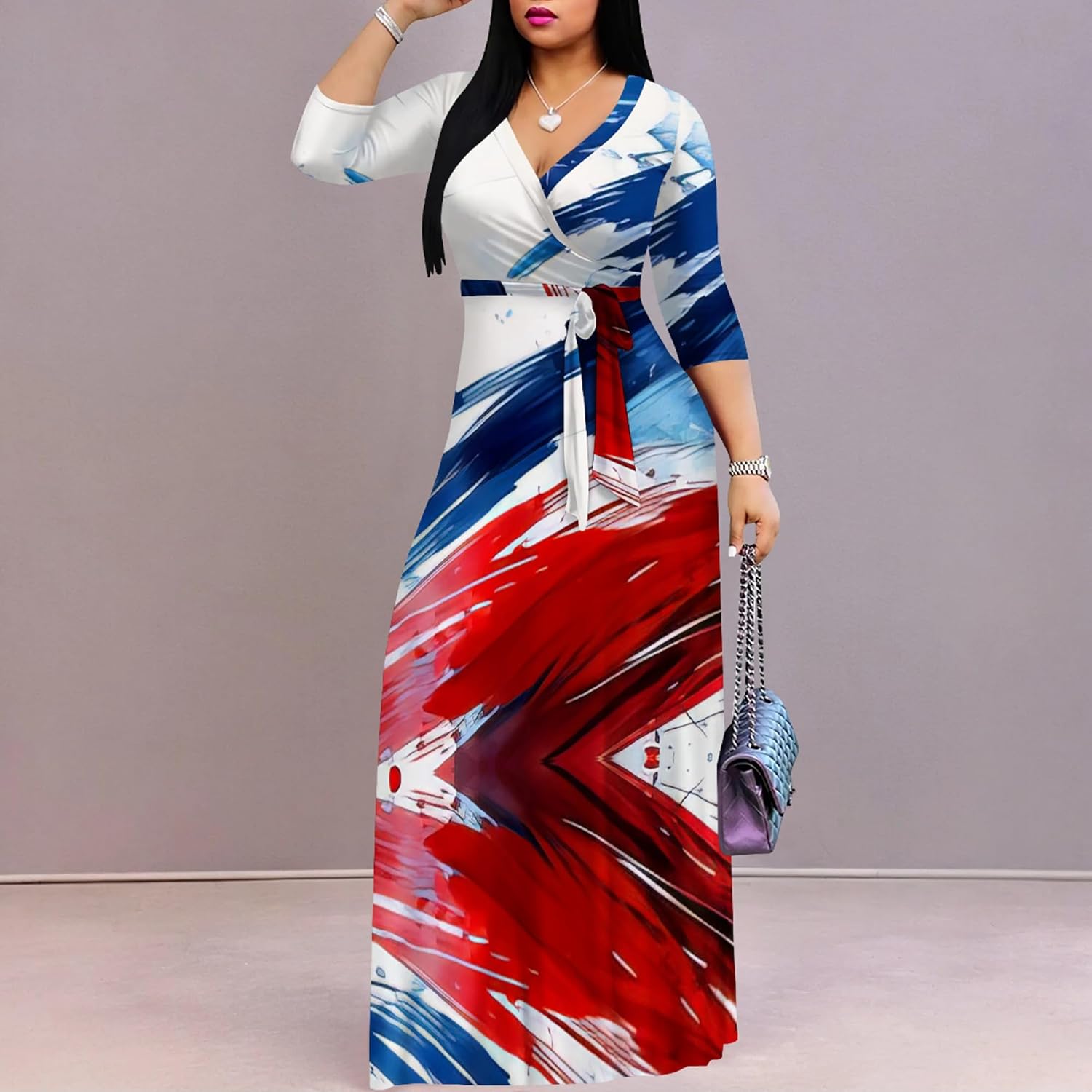 PinkPatty Plus Size Maxi Dresses for Women Casual Flowy Long Dress 3/4 Sleeve V Neck Wrap Dress with Belt - Image 4