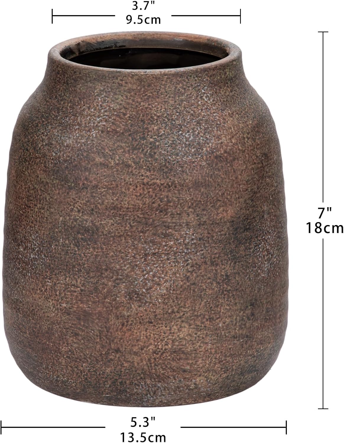 briful rustic ceramic vase 7” tall – handcrafted vintage pottery flower vase with distressed white-wash finish – farmhouse decorative accent for table, shelf, mantel (not watertight), brown brown 7 inch