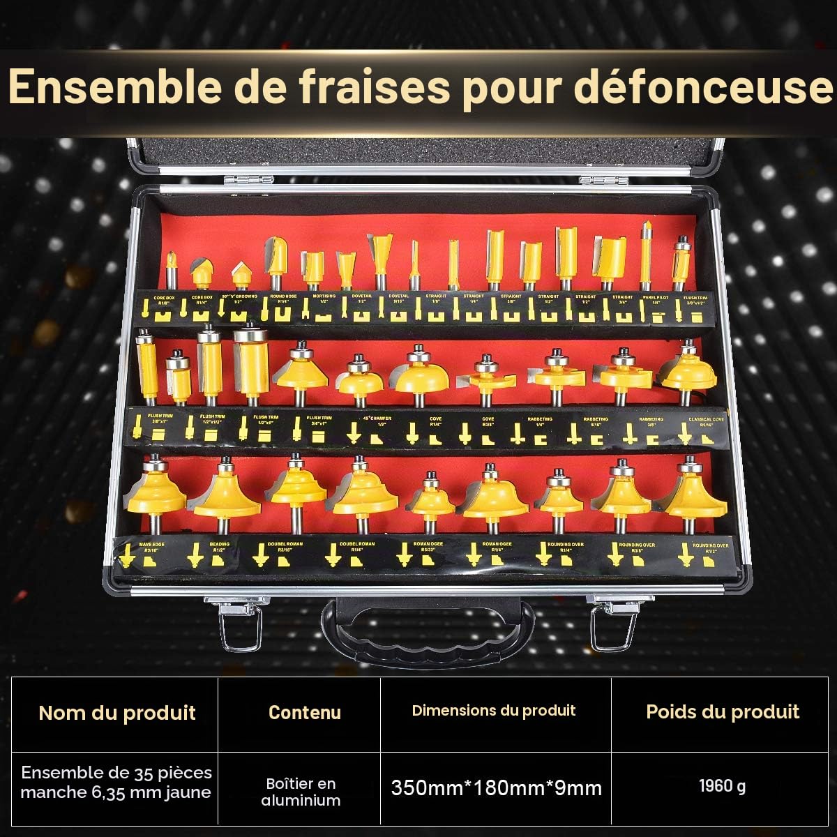 KATUR 35Pcs Fraises en carbure de tungstène réglées 1/2 queue, Fraises en carbure de tungstène réglées avec un boîtier en alliage, Outils de coupe de fraisage pour le bois (queue de 1/2")