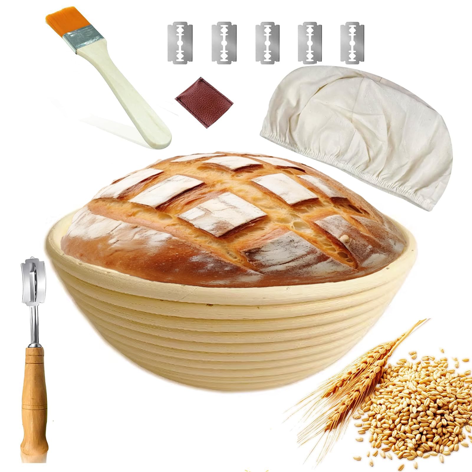Bread Banneton Proofing Basket Set van 2-25 cm ovaal en 22 cm rond premium broodmessen en slashing schraper, de ideale bakkom voor zuurdeeg en jast brooddeeg