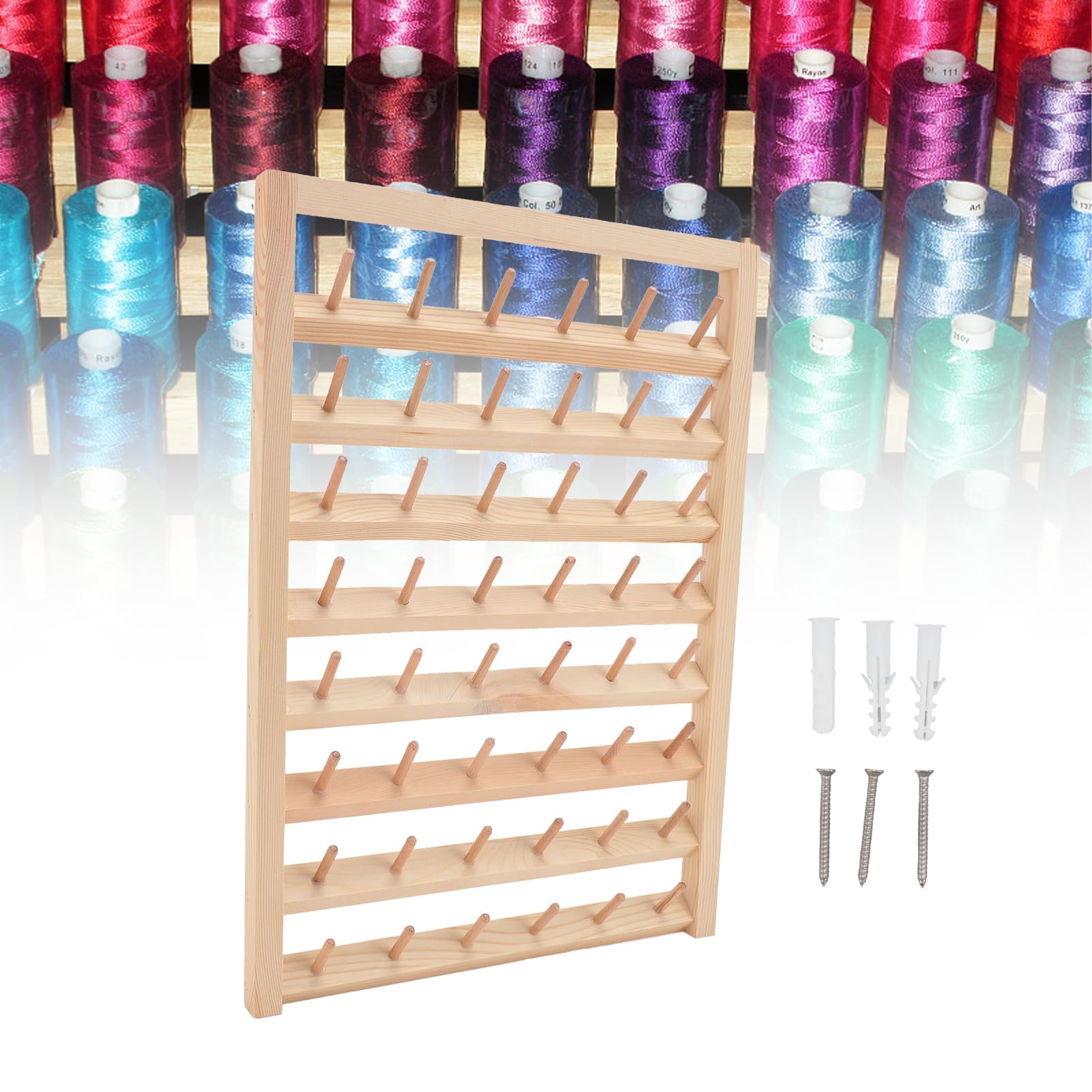 Support de fil à 48 bobines avec crochet de suspension, support mural en bois pour broderie, tressage de cheveux, couture, bricolage, bobine de broderie écologique
