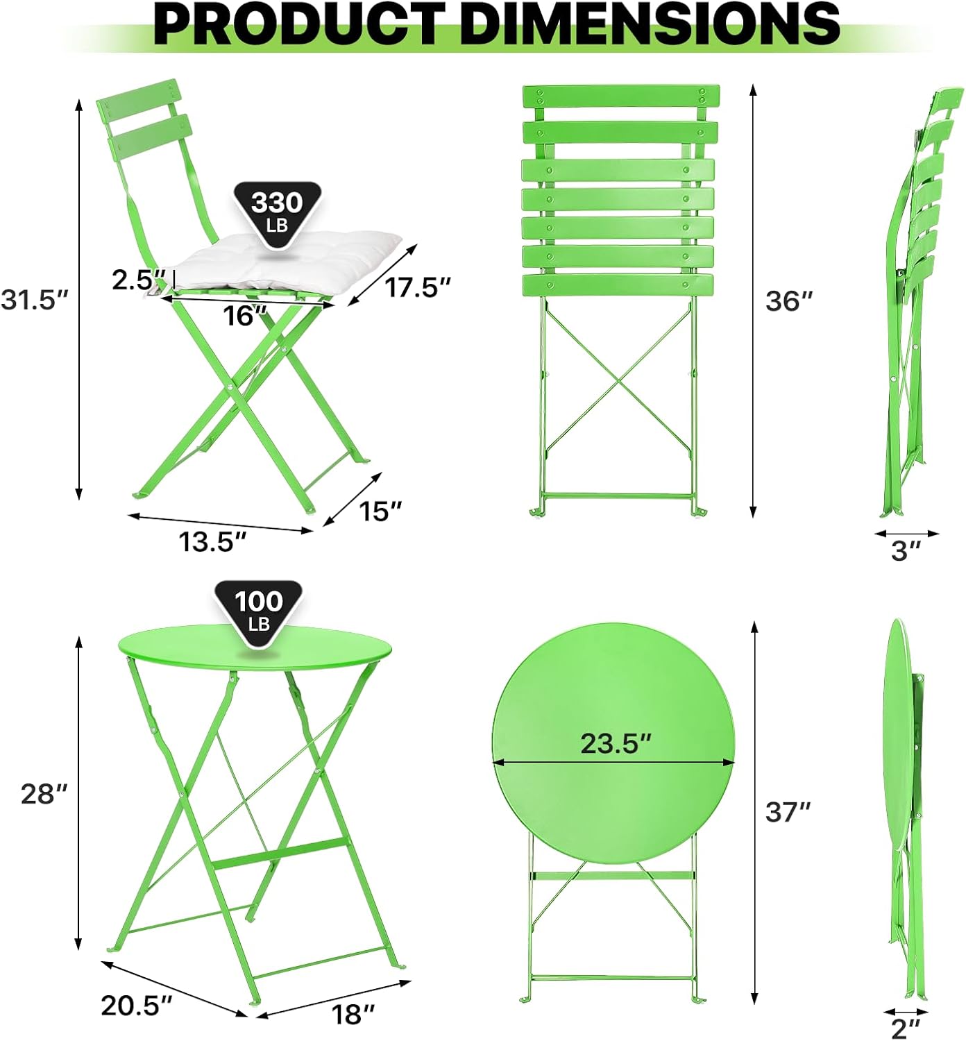 Magshion Folding Bistro Set, 3-Piece Outdoor Patio Table and Chairs with Removable Cushions, Rust-Resistant Powder-Coated Steel Frame, Floor-Friendly for Garden, Balcony, Terrace (Green)