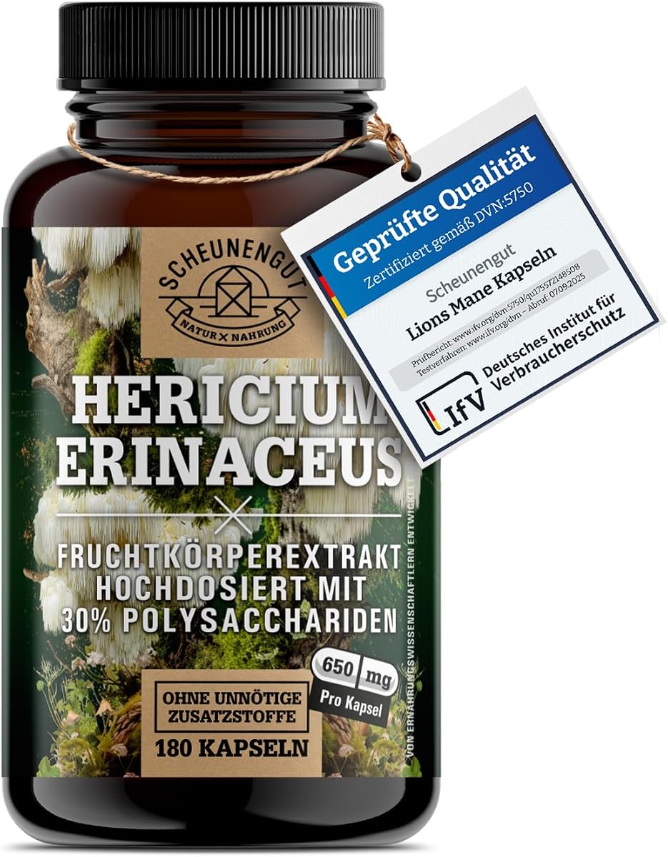 Lions Mane 1950mg -WICHTIG: 30:1 Extrakt (=58500mg Hericium Erinaceus pro Tagesdosis) +30% Polysaccharide +5% Beta Glucan -Lions Mane Kapseln- Vegan + Laborgeprüft DE SCHEUNENGUT®