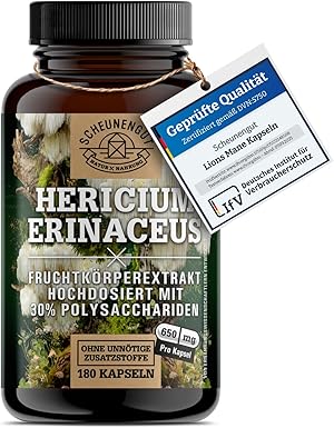 Lions Mane 1950mg -WICHTIG: 30:1 Extrakt (=58500mg Hericium Erinaceus pro Tagesdosis) +30% Polysaccharide +5% Beta Glucan -Lions Mane Kapseln- Vegan + Laborgeprüft DE SCHEUNENGUT®