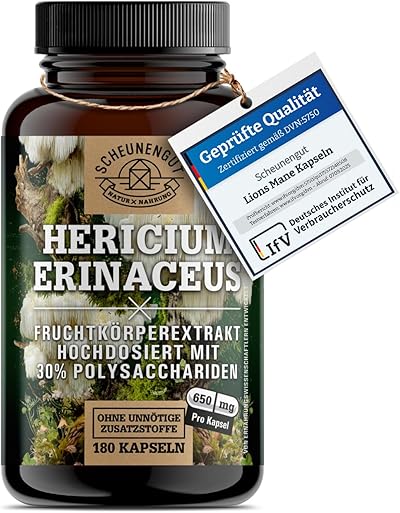 Lions Mane 1950mg -WICHTIG: 30:1 Extrakt (=58500mg Hericium Erinaceus pro Tagesdosis) +30% Polysaccharide +5% Beta Glucan -Lions Mane Kapseln- Vegan + Laborgeprüft DE SCHEUNENGUT®